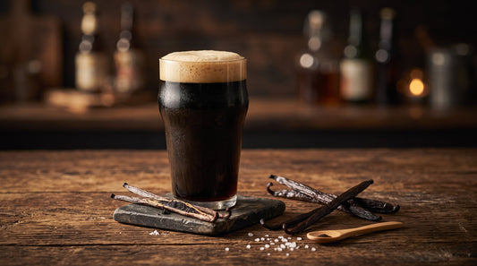 Dunkles Craft-Bier (Stout) mit cremiger Schaumkrone neben frischen Vanilleschoten auf einem rustikalen Holztisch
