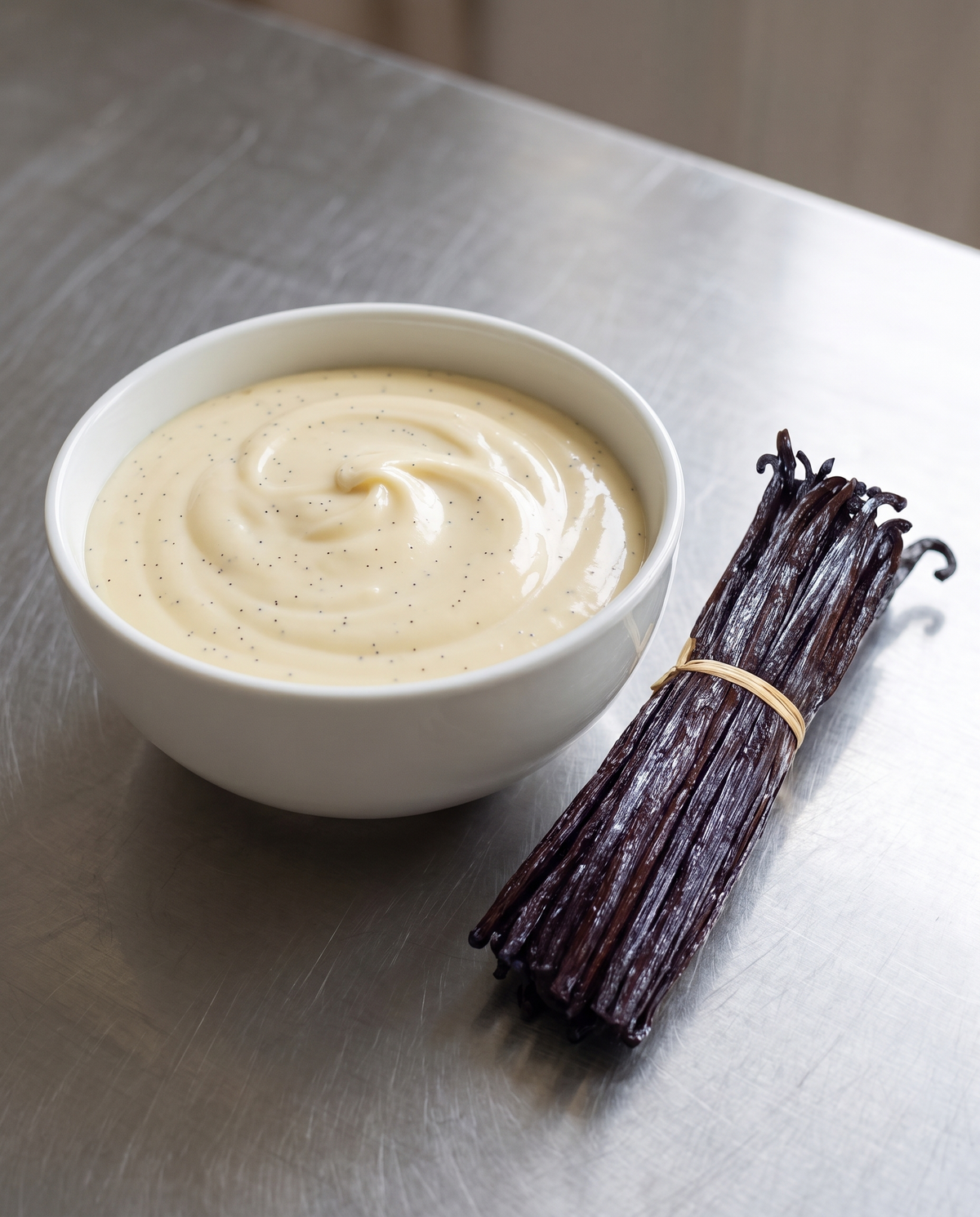 Vanille-Ganache mit Vanillesamen neben einem Bündel Noire Vanilleschoten