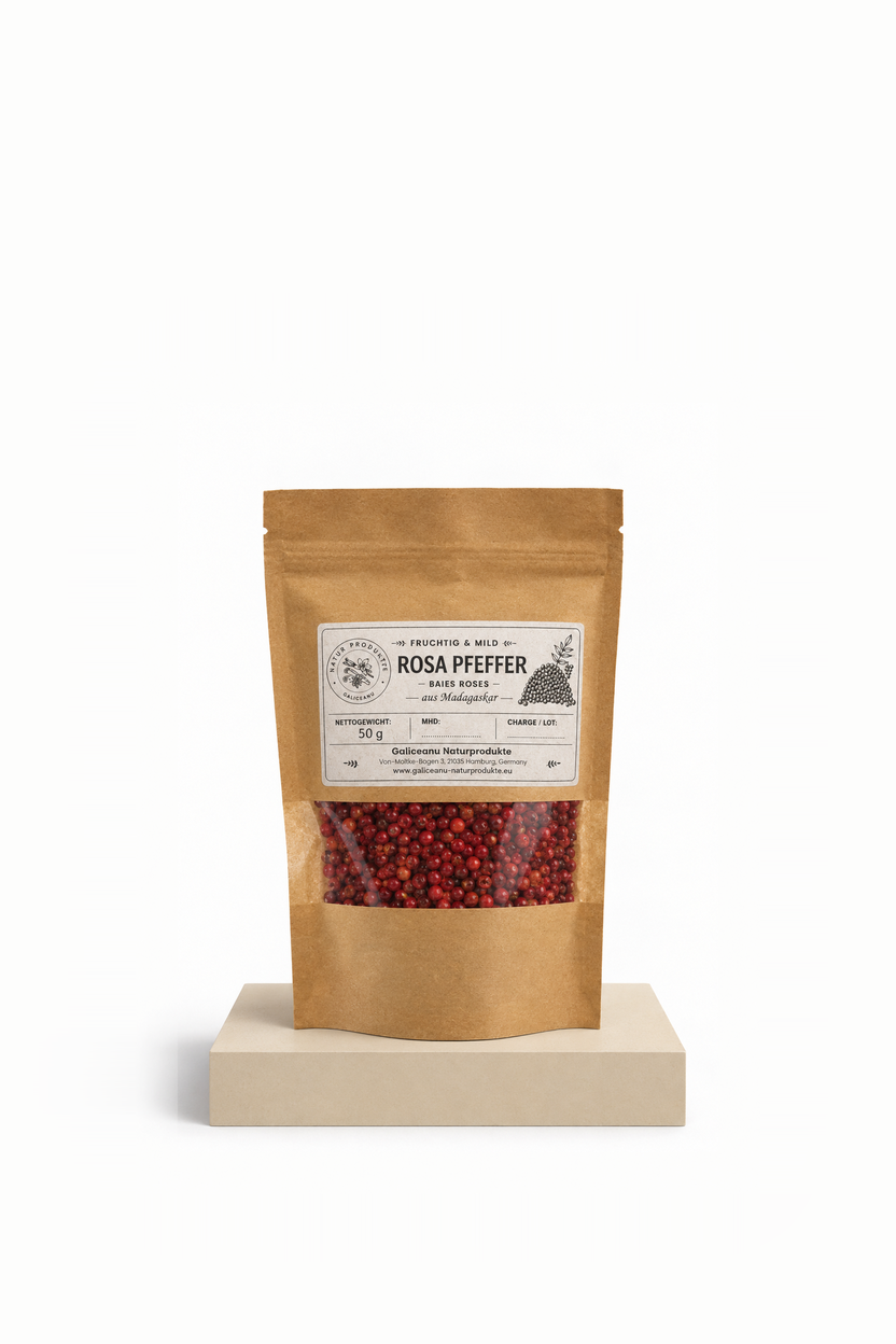 Rosa Pfeffer aus Madagaskar – ganze Baies Roses 50 g im Kraftpapier-Zipbeutel